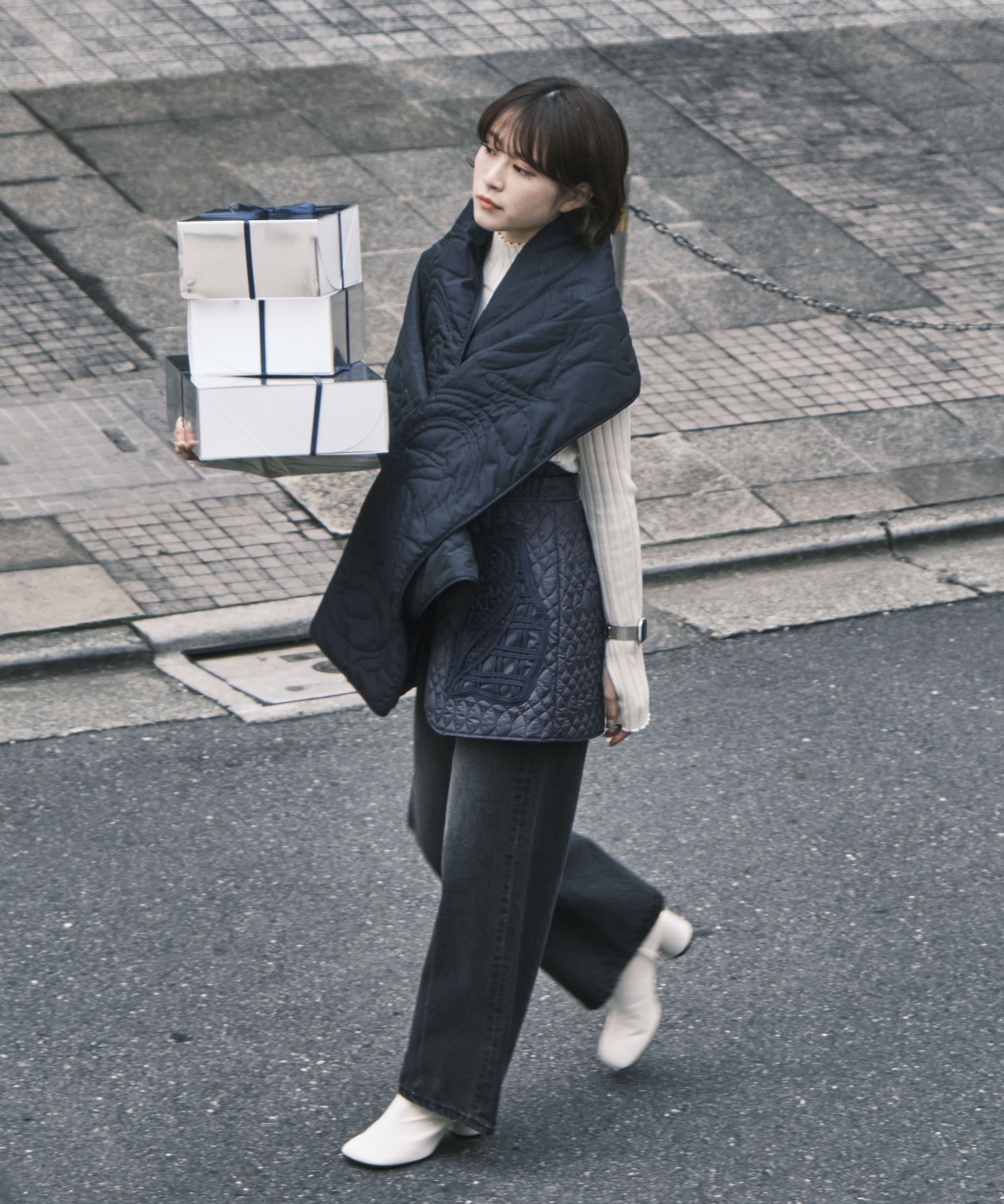 Cording Embroidery Quilted Wrapped Skirt(FREE NAVY): Mame